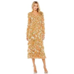 Mac Duggal Cutout Back‎ Lattice Ruffle Dress Authentic Orange Floral Size 8 NEW